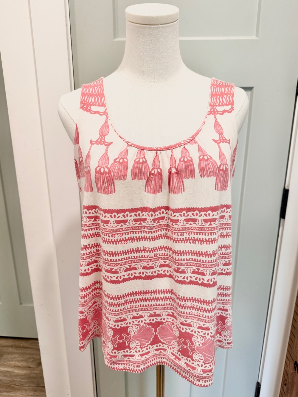 Lilly Pulitzer Tank Tassel Shell Block Print Coral Small